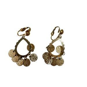 Gold Tone Dangle Clip Back Coin Charm‎ Earrings Retro Vintage 90s